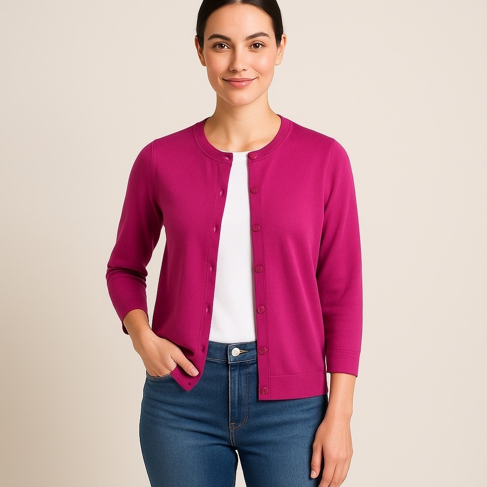 💗 Eddie Bauer Women’s Magenta Button-Front Cardigan 3/4 length lsleeve– Size L 💗